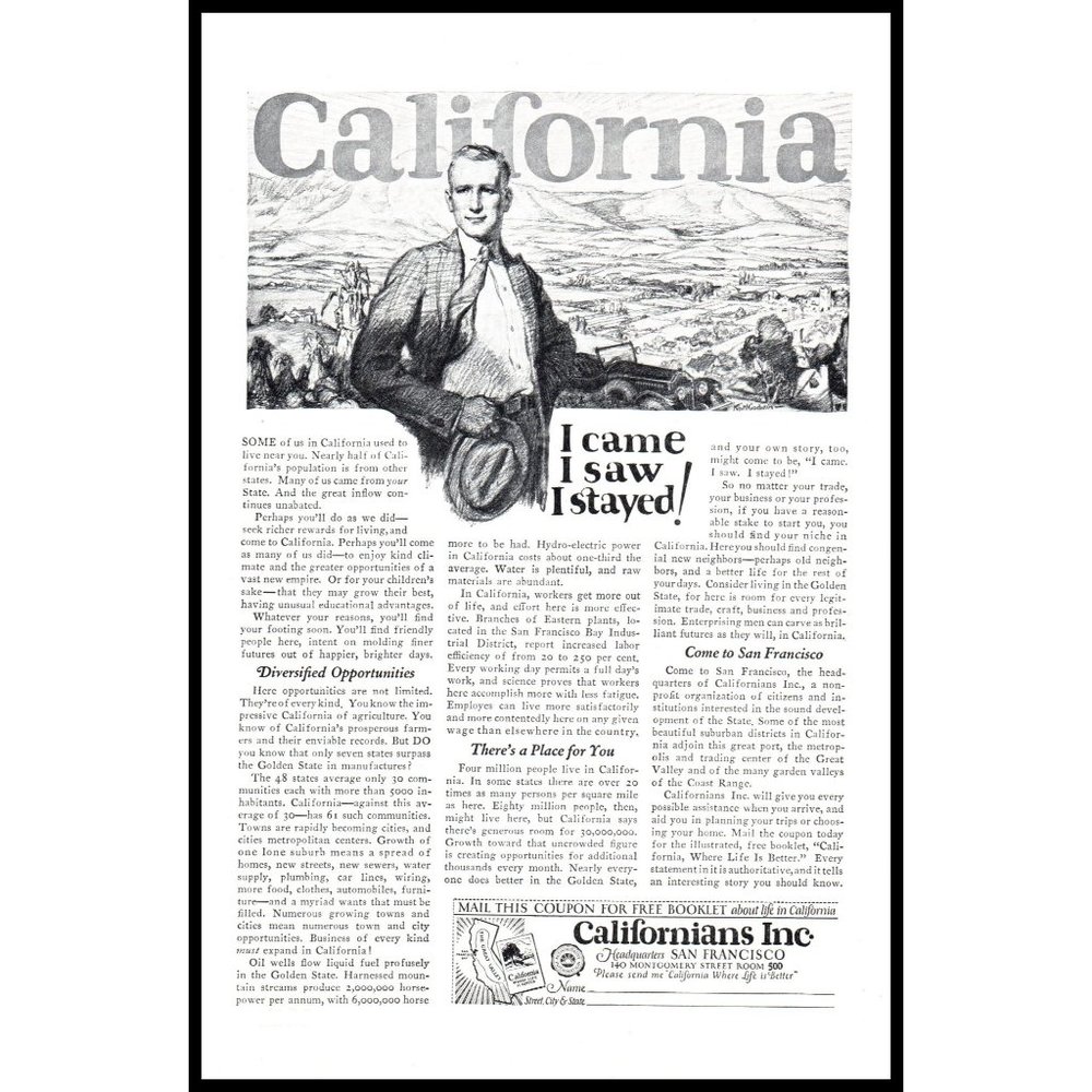 1924 Californians California Life Vintage Print Ad Businessman Settler Wall Art